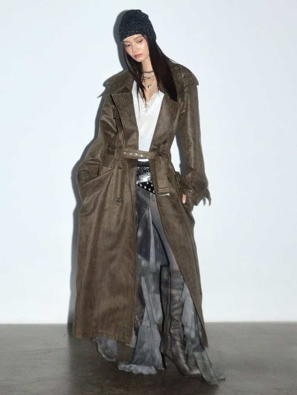 JNYLON STUDIOS Long Olive  Trench Coat with Belt NWT - Picture 3 of 5